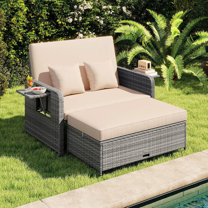 Patio Wicker Loveseat Sofa with Multipurpose Ottoman and Retractable Side Tray by DirectDeals