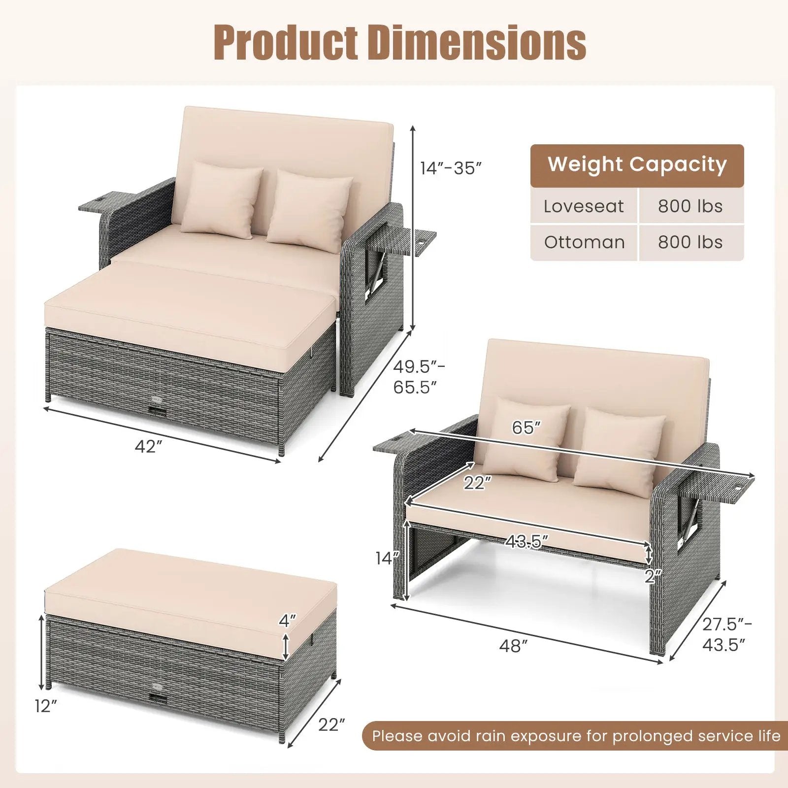 Patio Wicker Loveseat Sofa with Multipurpose Ottoman and Retractable Side Tray by DirectDeals