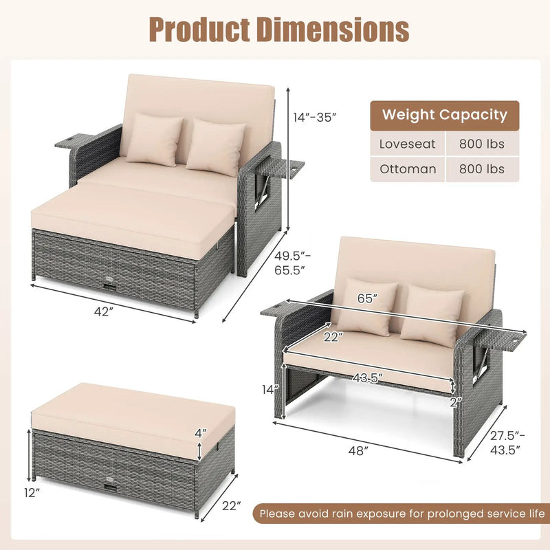 Patio Wicker Loveseat Sofa with Multipurpose Ottoman and Retractable Side Tray by DirectDeals