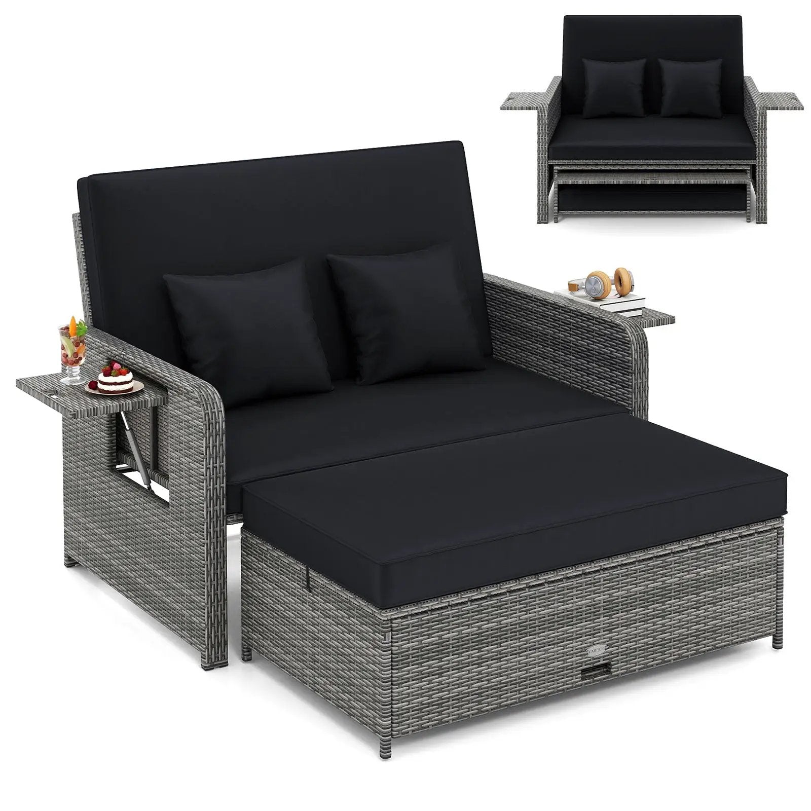 Patio Wicker Loveseat Sofa with Multipurpose Ottoman and Retractable Side Tray by DirectDeals