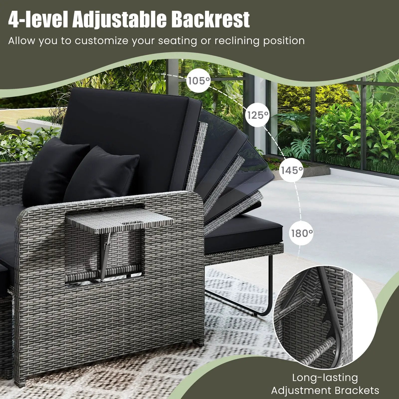 Patio Wicker Loveseat Sofa with Multipurpose Ottoman and Retractable Side Tray by DirectDeals