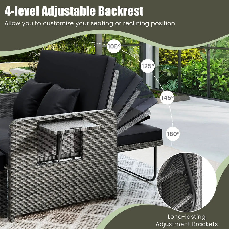 Patio Wicker Loveseat Sofa with Multipurpose Ottoman and Retractable Side Tray by DirectDeals