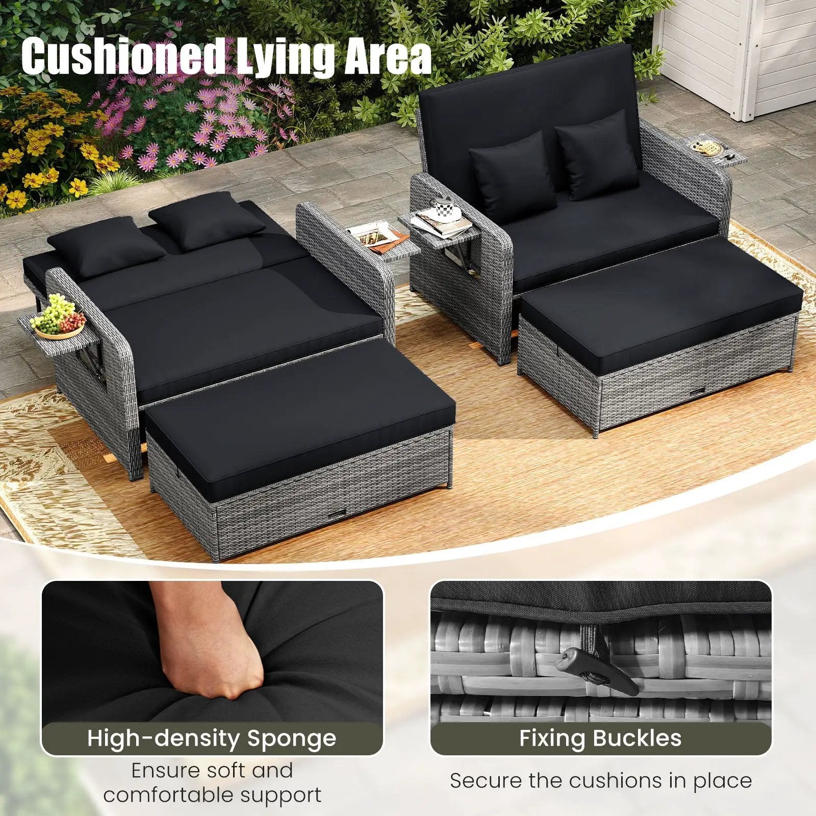 Patio Wicker Loveseat Sofa with Multipurpose Ottoman and Retractable Side Tray by DirectDeals