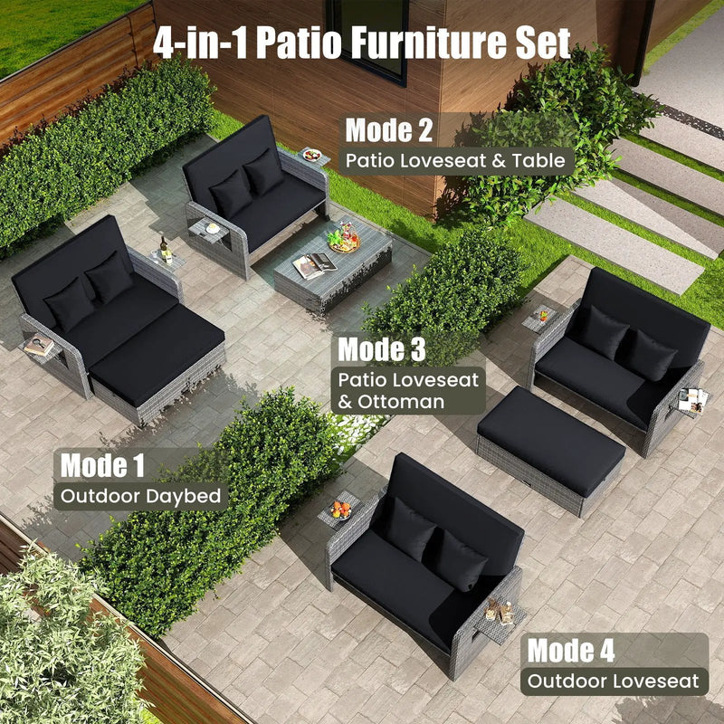 Patio Wicker Loveseat Sofa with Multipurpose Ottoman and Retractable Side Tray by DirectDeals