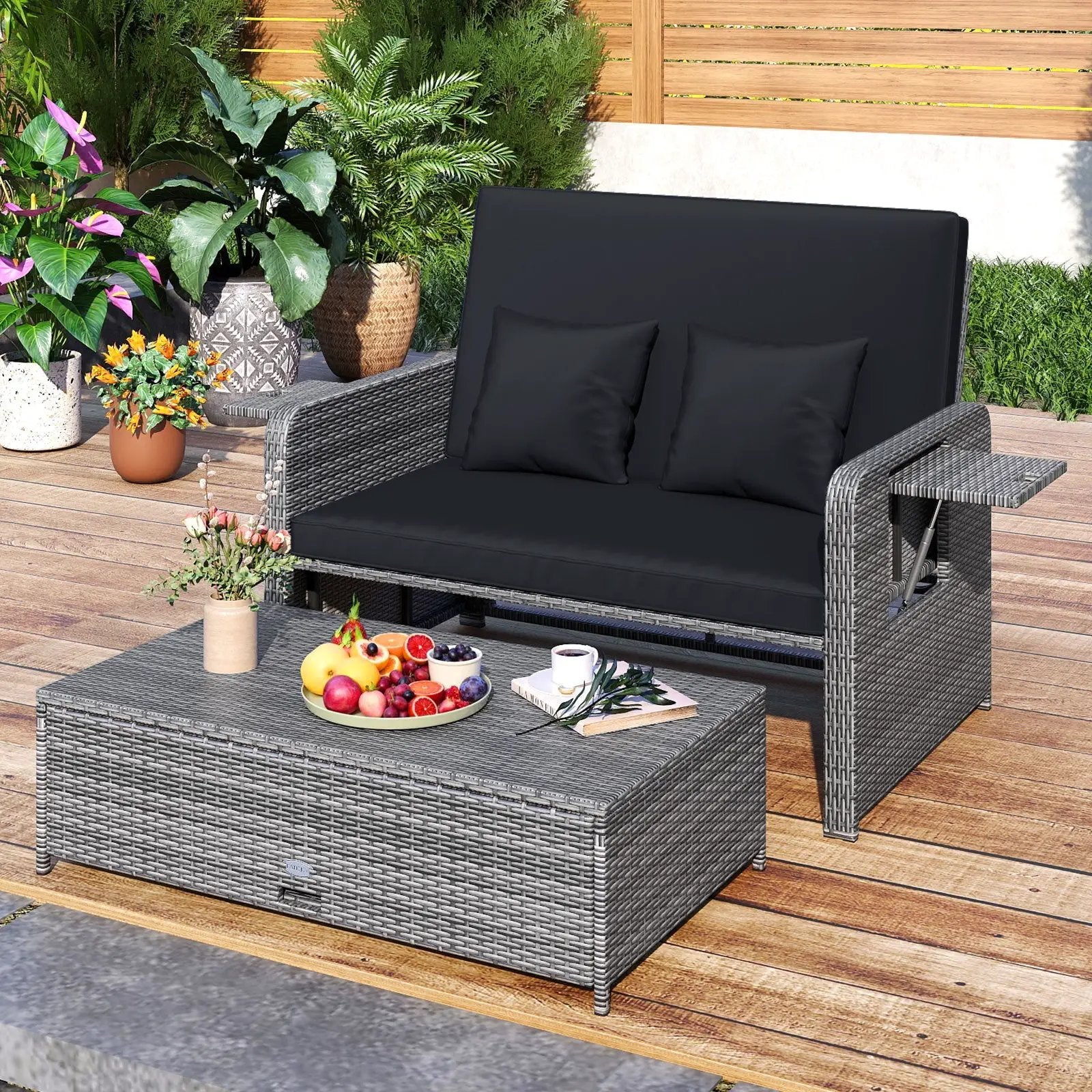 Patio Wicker Loveseat Sofa with Multipurpose Ottoman and Retractable Side Tray by DirectDeals