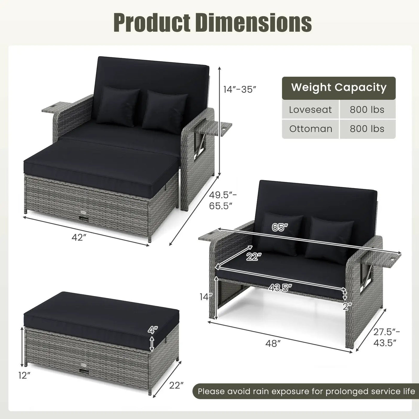 Patio Wicker Loveseat Sofa with Multipurpose Ottoman and Retractable Side Tray by DirectDeals