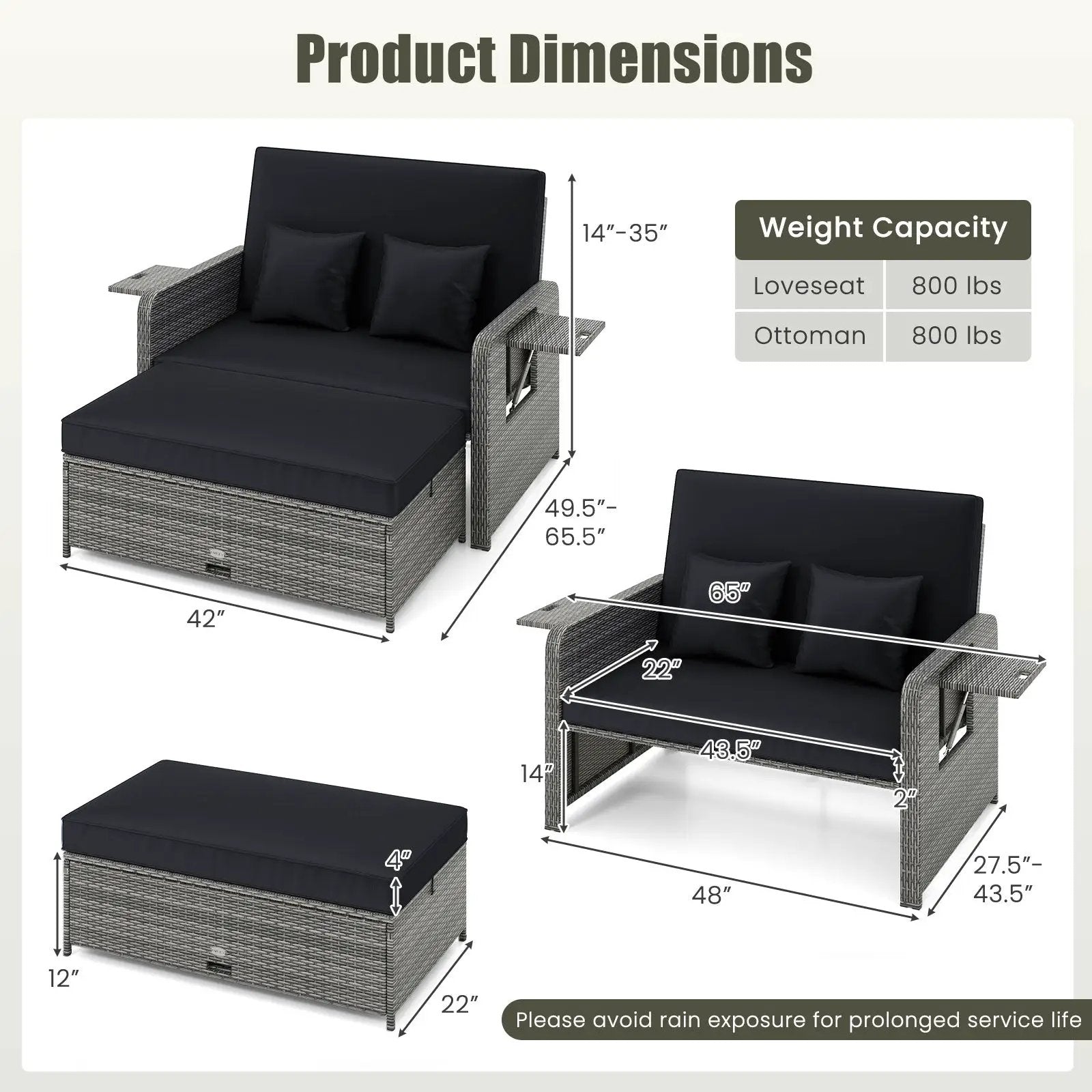 Patio Wicker Loveseat Sofa with Multipurpose Ottoman and Retractable Side Tray by DirectDeals