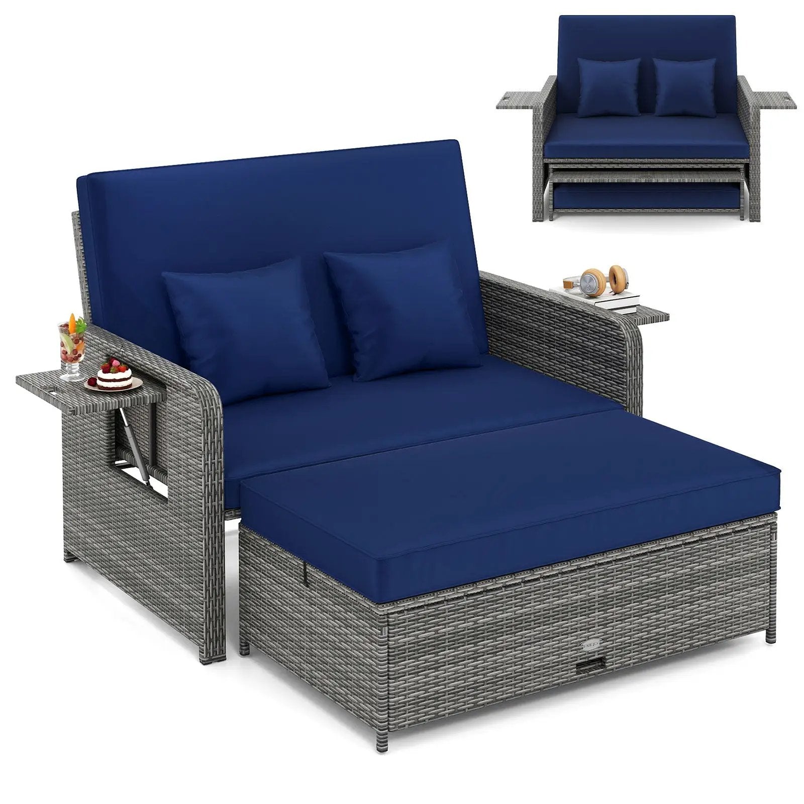 Patio Wicker Loveseat Sofa with Multipurpose Ottoman and Retractable Side Tray by DirectDeals