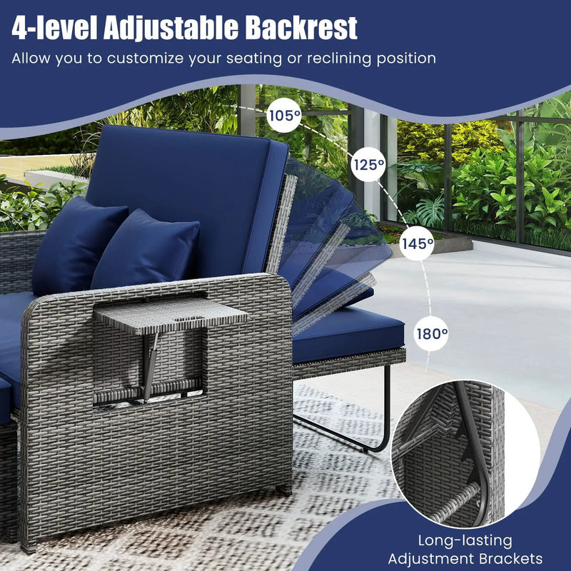 Patio Wicker Loveseat Sofa with Multipurpose Ottoman and Retractable Side Tray by DirectDeals