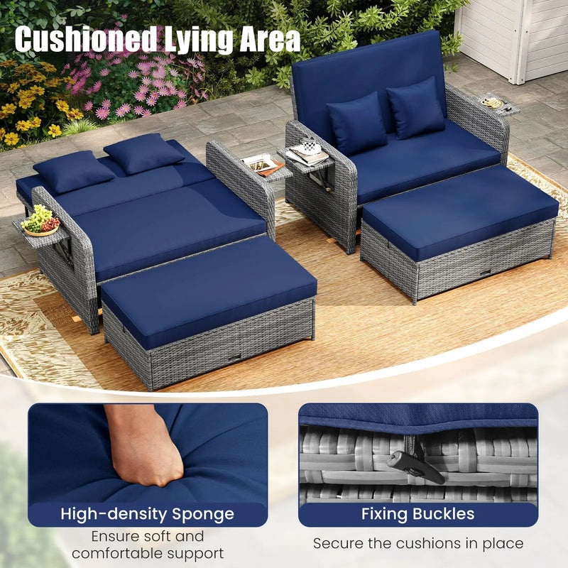 Patio Wicker Loveseat Sofa with Multipurpose Ottoman and Retractable Side Tray by DirectDeals