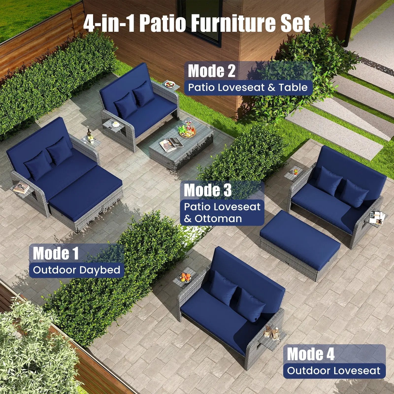 Patio Wicker Loveseat Sofa with Multipurpose Ottoman and Retractable Side Tray by DirectDeals