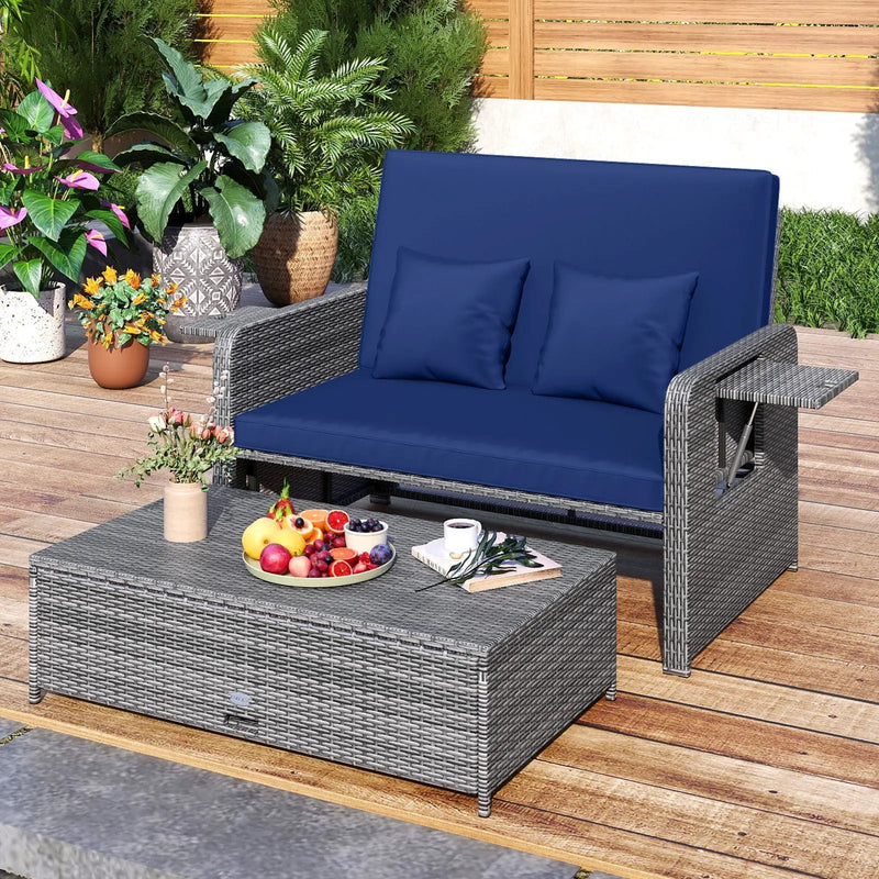 Patio Wicker Loveseat Sofa with Multipurpose Ottoman and Retractable Side Tray by DirectDeals