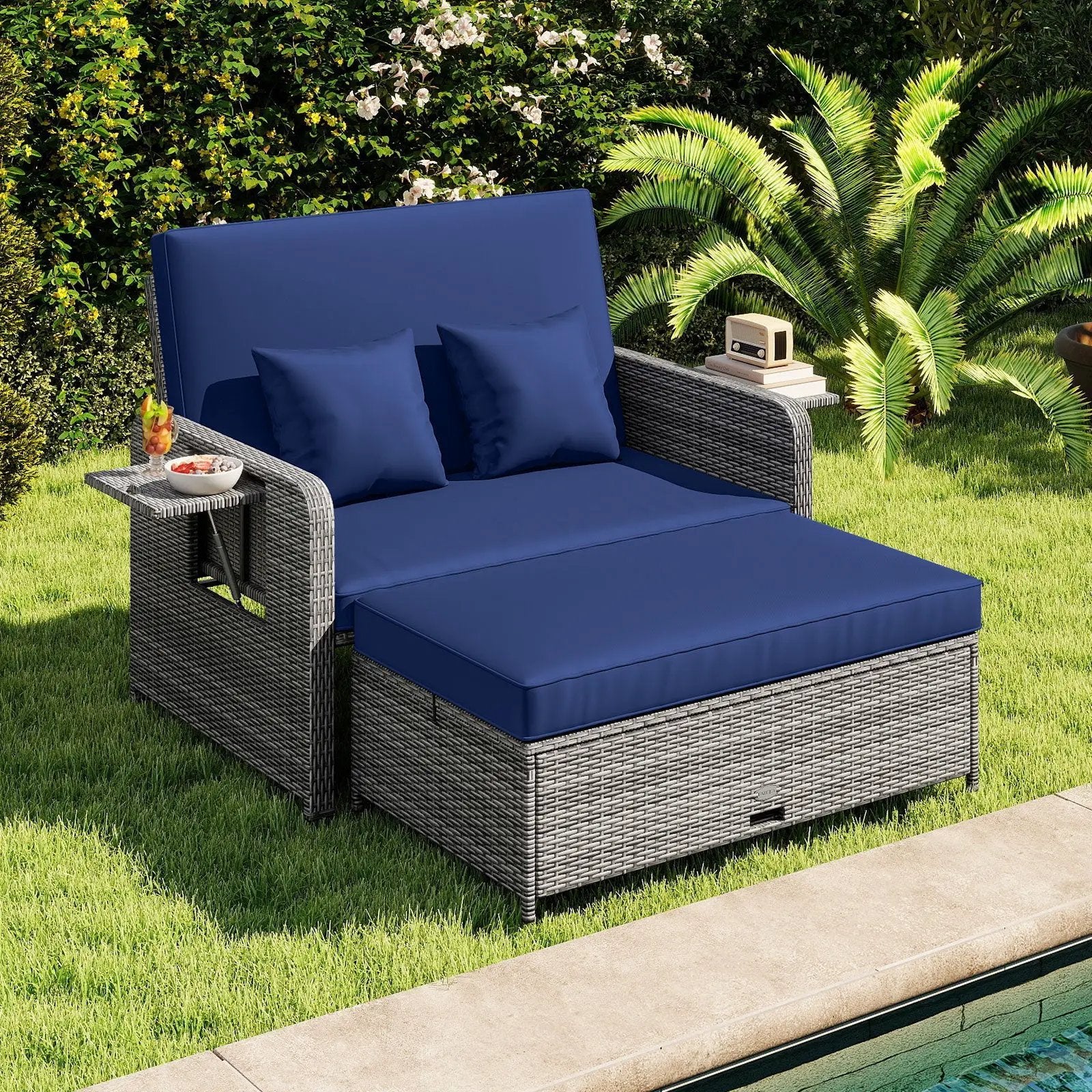 Patio Wicker Loveseat Sofa with Multipurpose Ottoman and Retractable Side Tray by DirectDeals