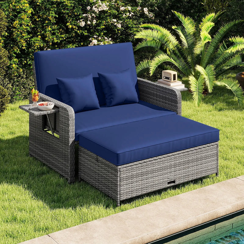 Patio Wicker Loveseat Sofa with Multipurpose Ottoman and Retractable Side Tray by DirectDeals