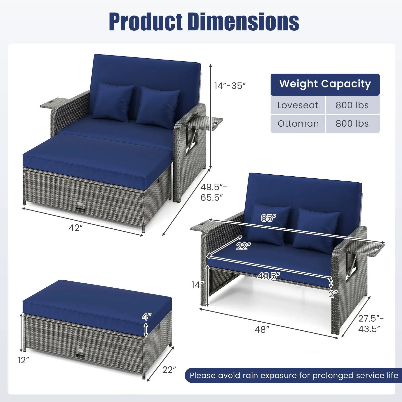 Patio Wicker Loveseat Sofa with Multipurpose Ottoman and Retractable Side Tray by DirectDeals