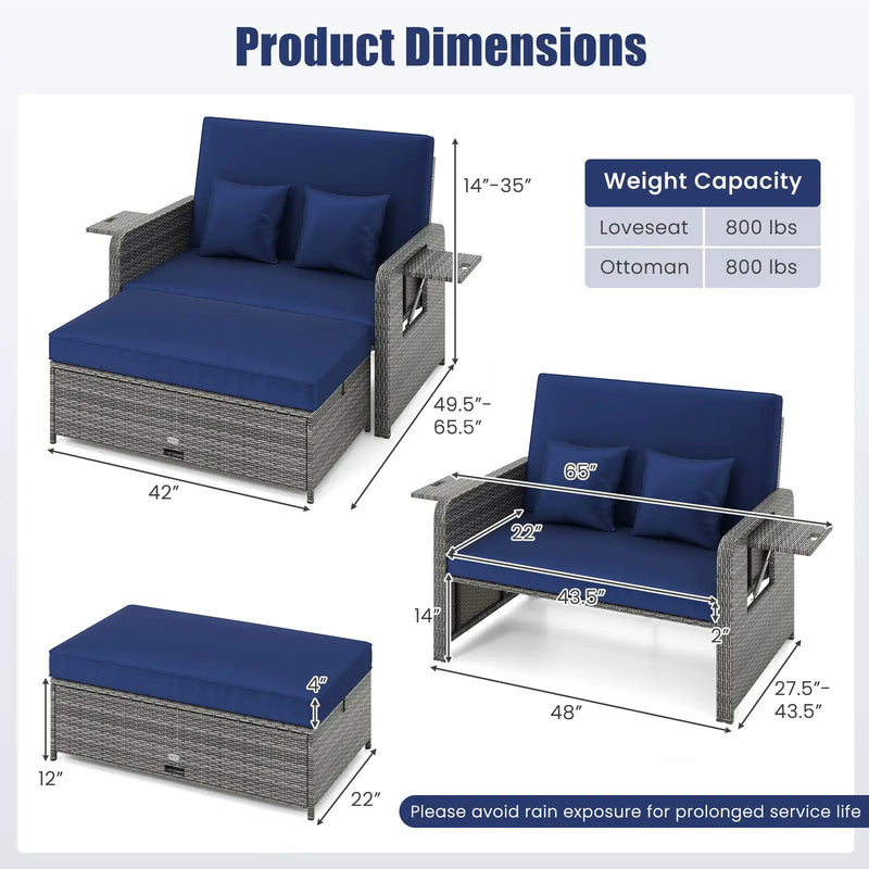 Patio Wicker Loveseat Sofa with Multipurpose Ottoman and Retractable Side Tray by DirectDeals