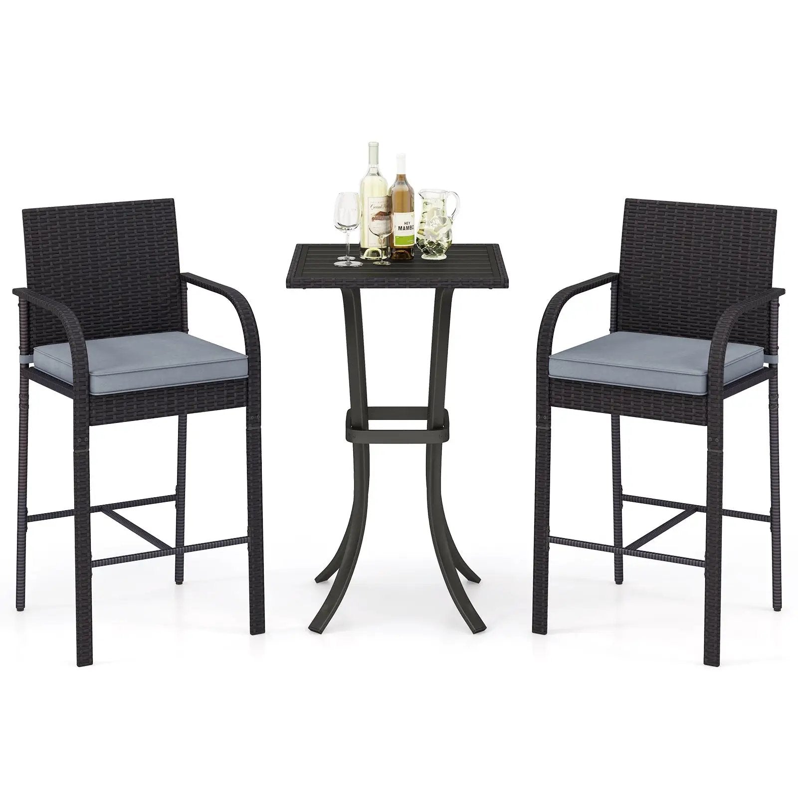 3-Piece Patio Wicker Rattan Bar Height Chairs and Square Table Set-Black by DirectDeals