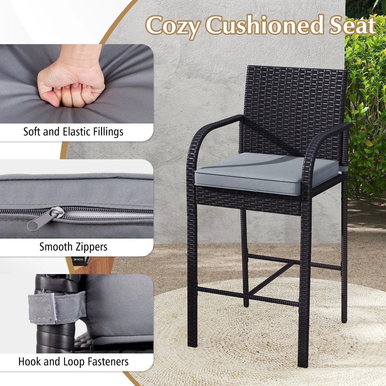 3-Piece Patio Wicker Rattan Bar Height Chairs and Square Table Set-Black by DirectDeals