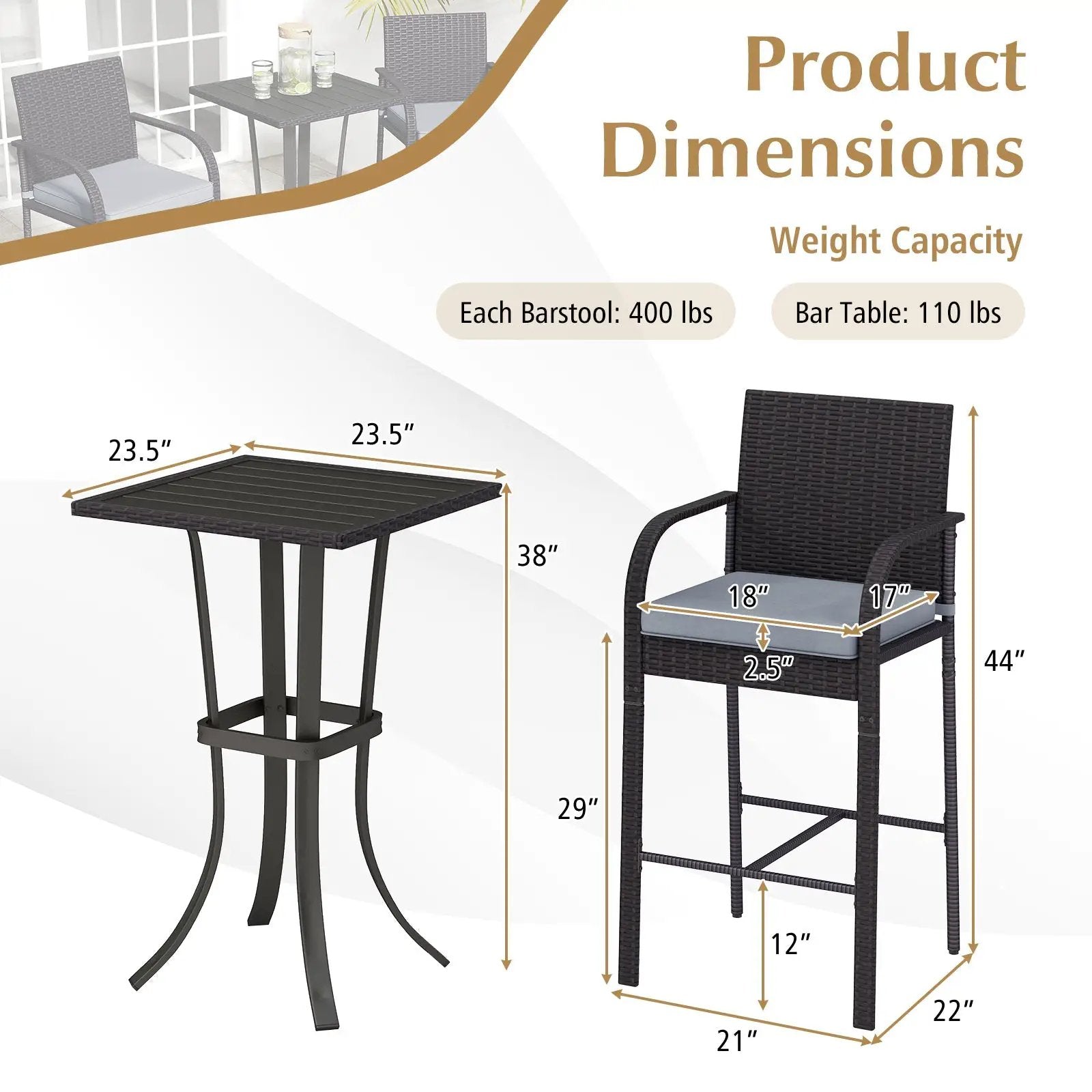 3-Piece Patio Wicker Rattan Bar Height Chairs and Square Table Set-Black by DirectDeals