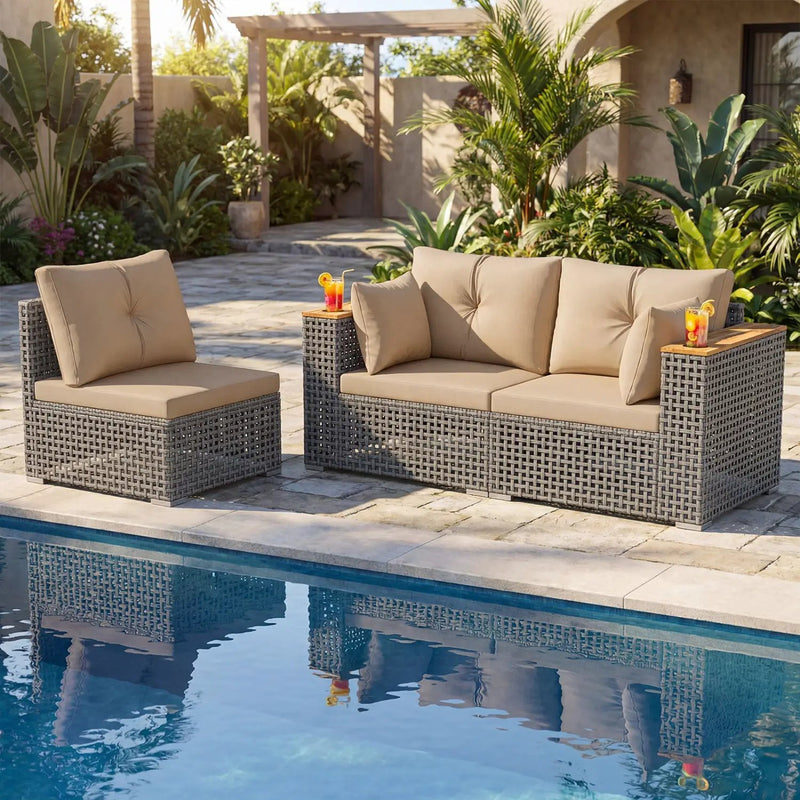 Patio Wicker Sectional Furniture Set with 1 Armless and 2 Corner Sofas for Garden by DirectDeals