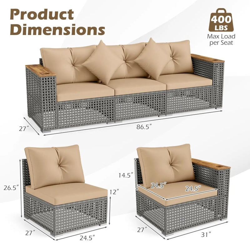 Patio Wicker Sectional Furniture Set with 1 Armless and 2 Corner Sofas for Garden by DirectDeals