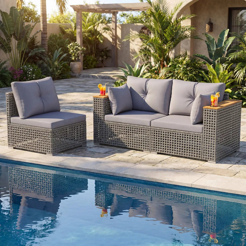 Patio Wicker Sectional Furniture Set with 1 Armless and 2 Corner Sofas for Garden by DirectDeals