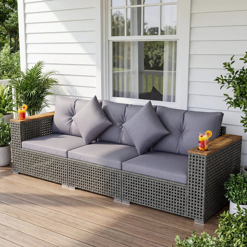 Patio Wicker Sectional Furniture Set with 1 Armless and 2 Corner Sofas for Garden by DirectDeals