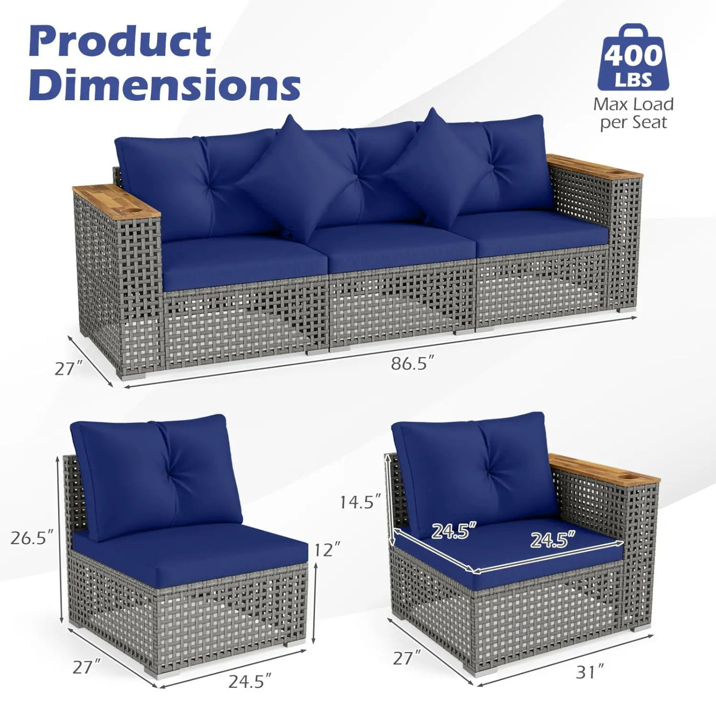 Patio Wicker Sectional Furniture Set with 1 Armless and 2 Corner Sofas for Garden by DirectDeals