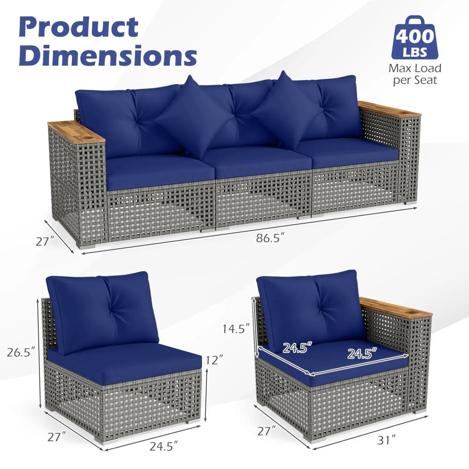 Patio Wicker Sectional Furniture Set with 1 Armless and 2 Corner Sofas for Garden by DirectDeals