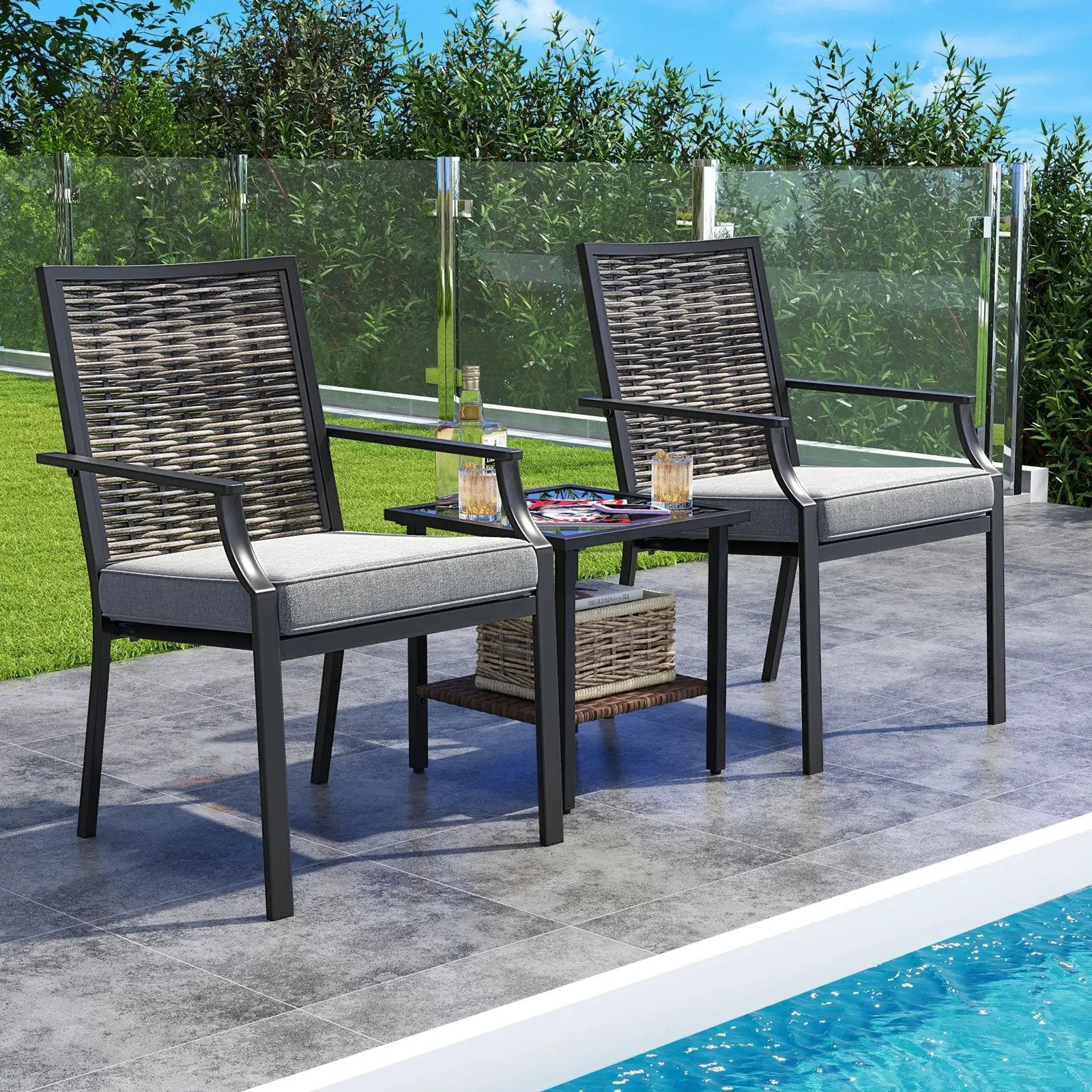 Patio Wicker Chairs Set of 2 Stackable Rattan Armchairs with Removable Cushions-Grey by DirectDeals