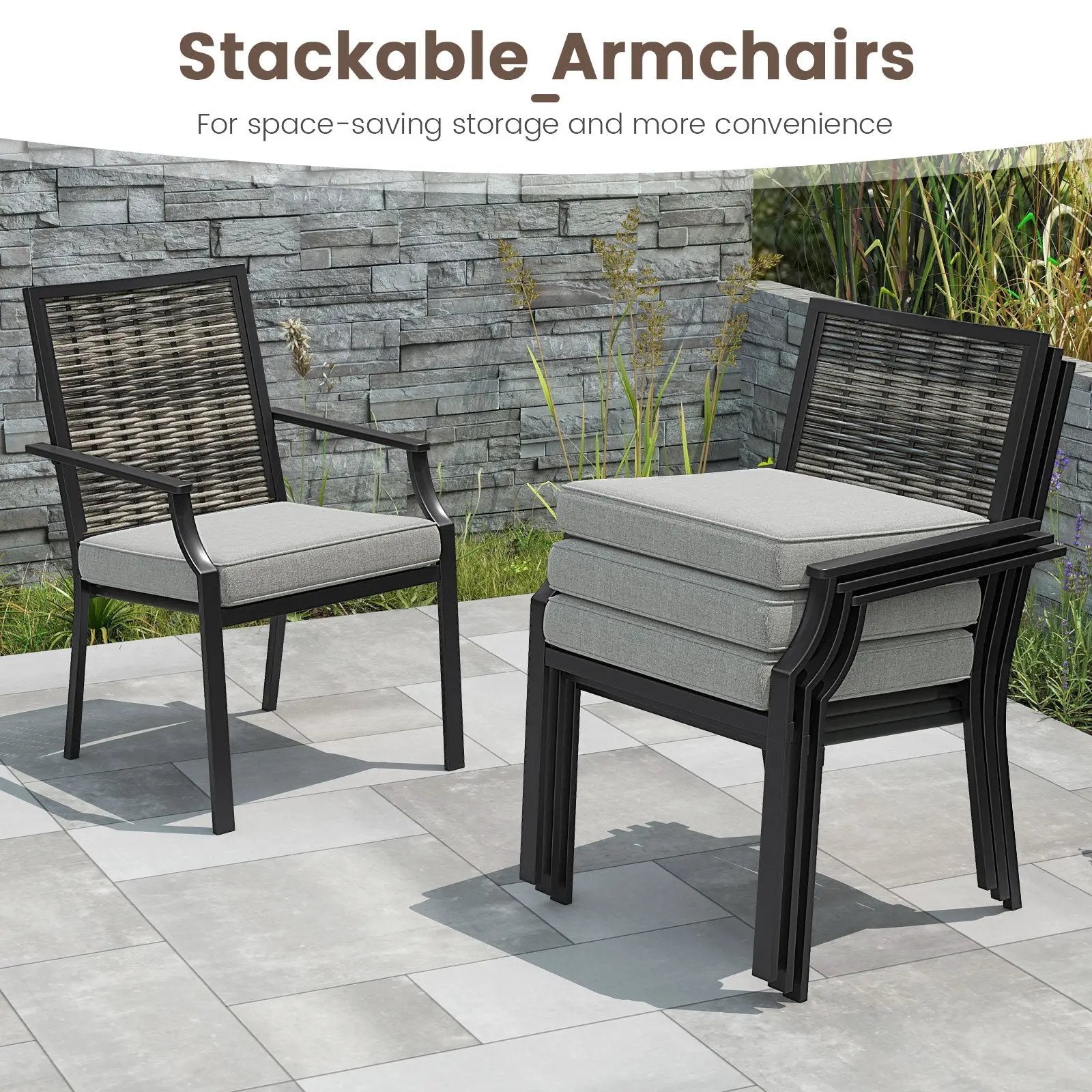 Patio Wicker Chairs Set of 2 Stackable Rattan Armchairs with Removable Cushions-Grey by DirectDeals