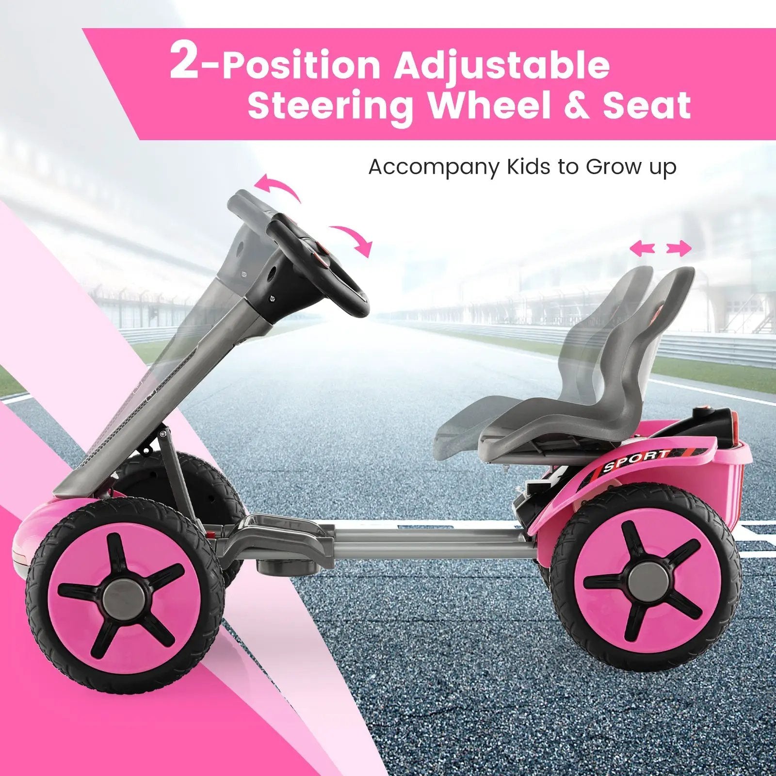 Pedal Powered 4-Wheel Toy Car with Adjustable Steering Wheel and Seat-Pink by DirectDeals