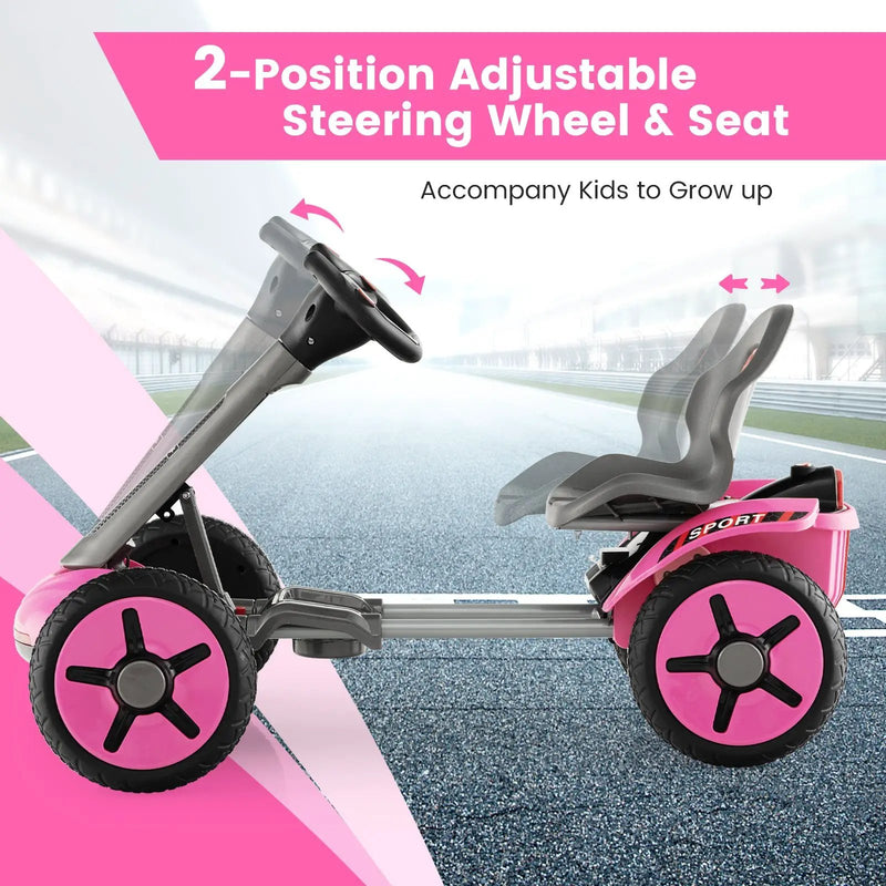 Pedal Powered 4-Wheel Toy Car with Adjustable Steering Wheel and Seat-Pink by DirectDeals