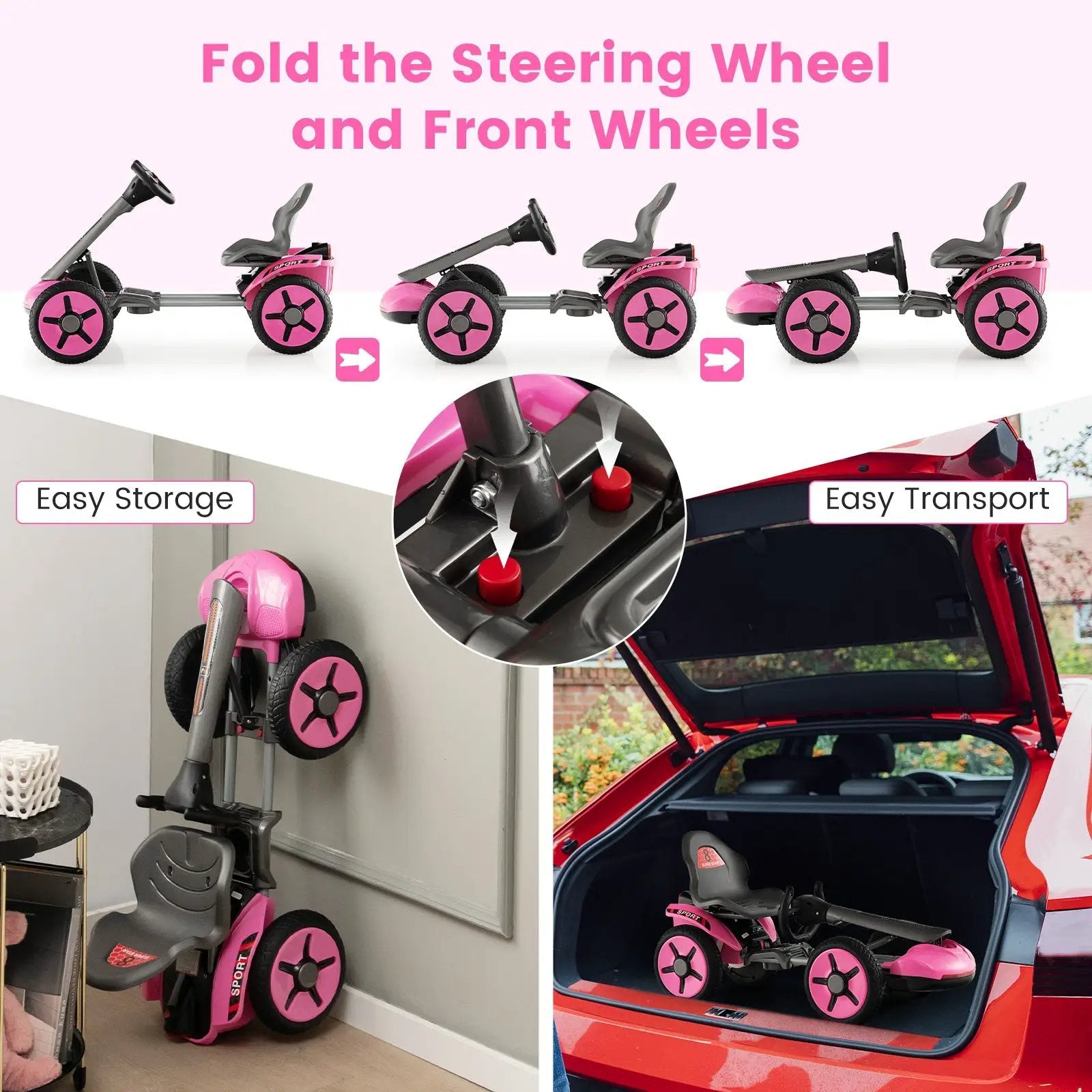 Pedal Powered 4-Wheel Toy Car with Adjustable Steering Wheel and Seat-Pink by DirectDeals