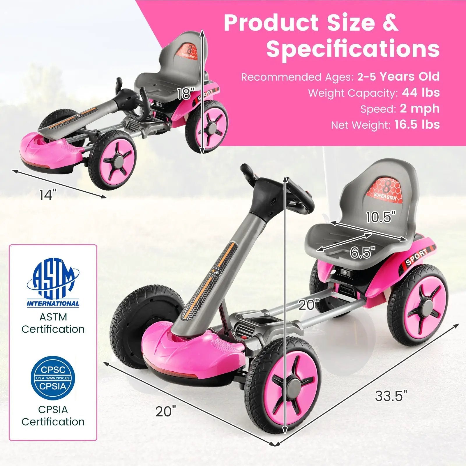 Pedal Powered 4-Wheel Toy Car with Adjustable Steering Wheel and Seat-Pink by DirectDeals