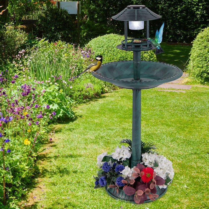 Solar Pedestal Bird Bath with Feeder and Planter - Bronze by DirectDeals