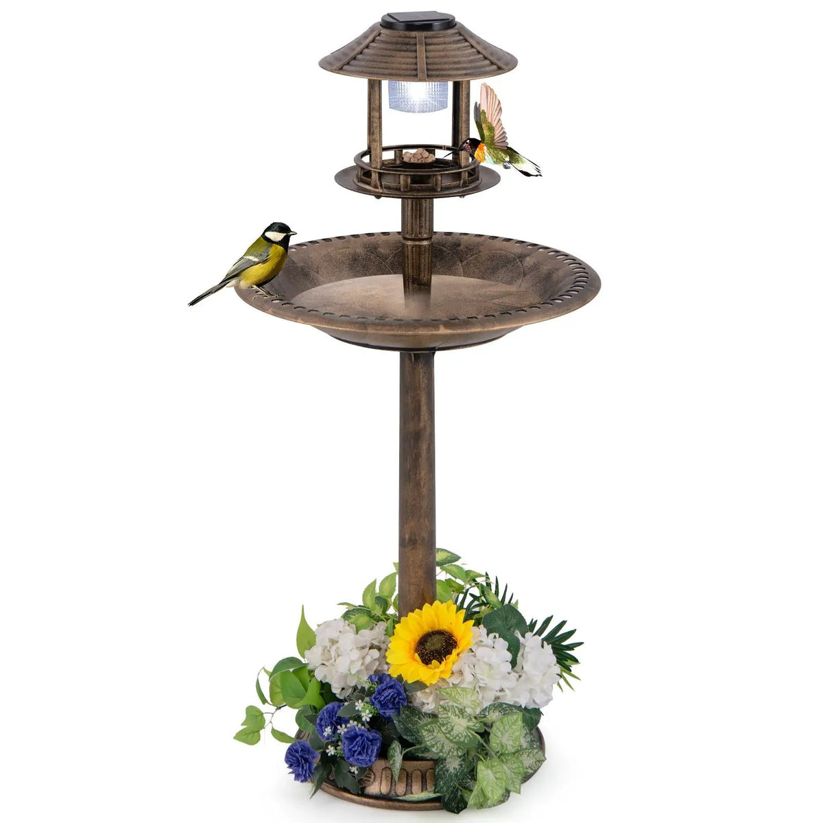 Solar Pedestal Bird Bath with Feeder and Planter - Bronze by DirectDeals