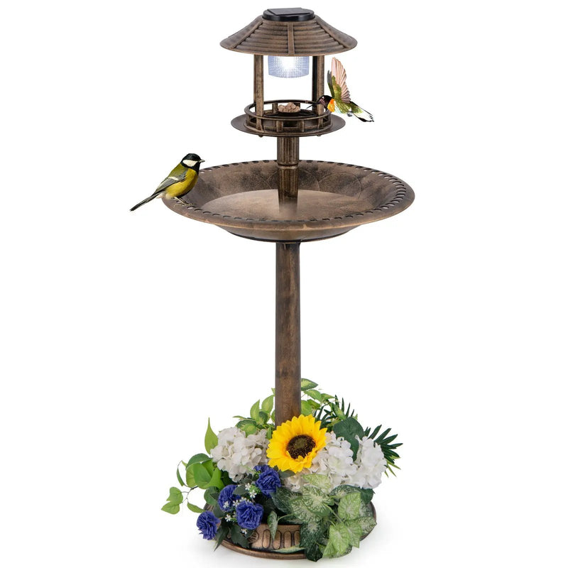 Solar Pedestal Bird Bath with Feeder and Planter - Bronze by DirectDeals