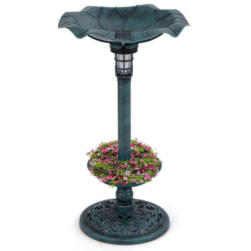 Pedestal Birdbath and Feeder with Solar Light - Lotus Leaf by DirectDeals