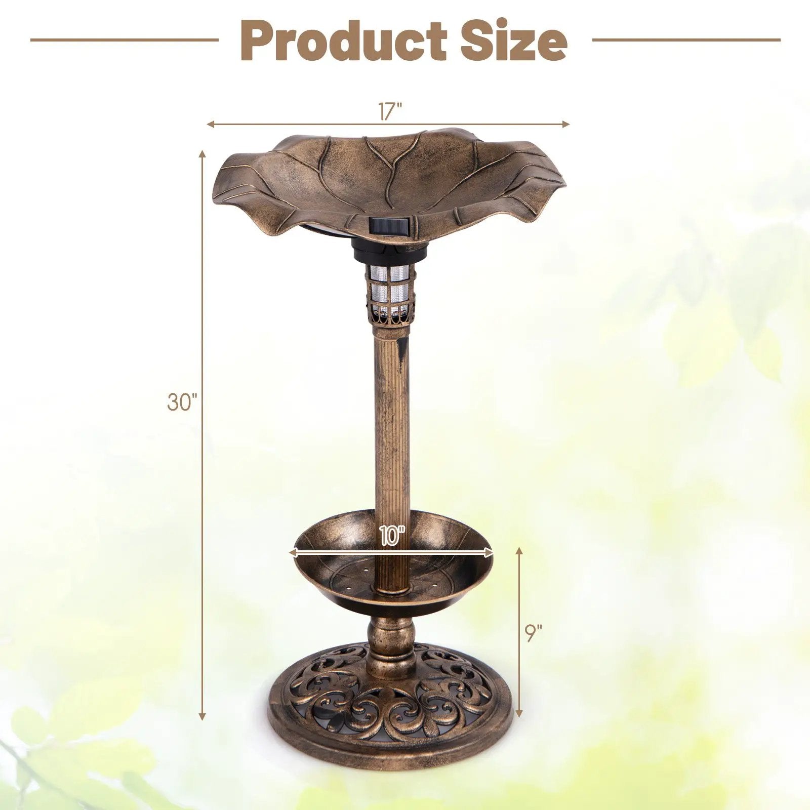 Pedestal Birdbath and Feeder with Solar Light - Lotus Leaf by DirectDeals