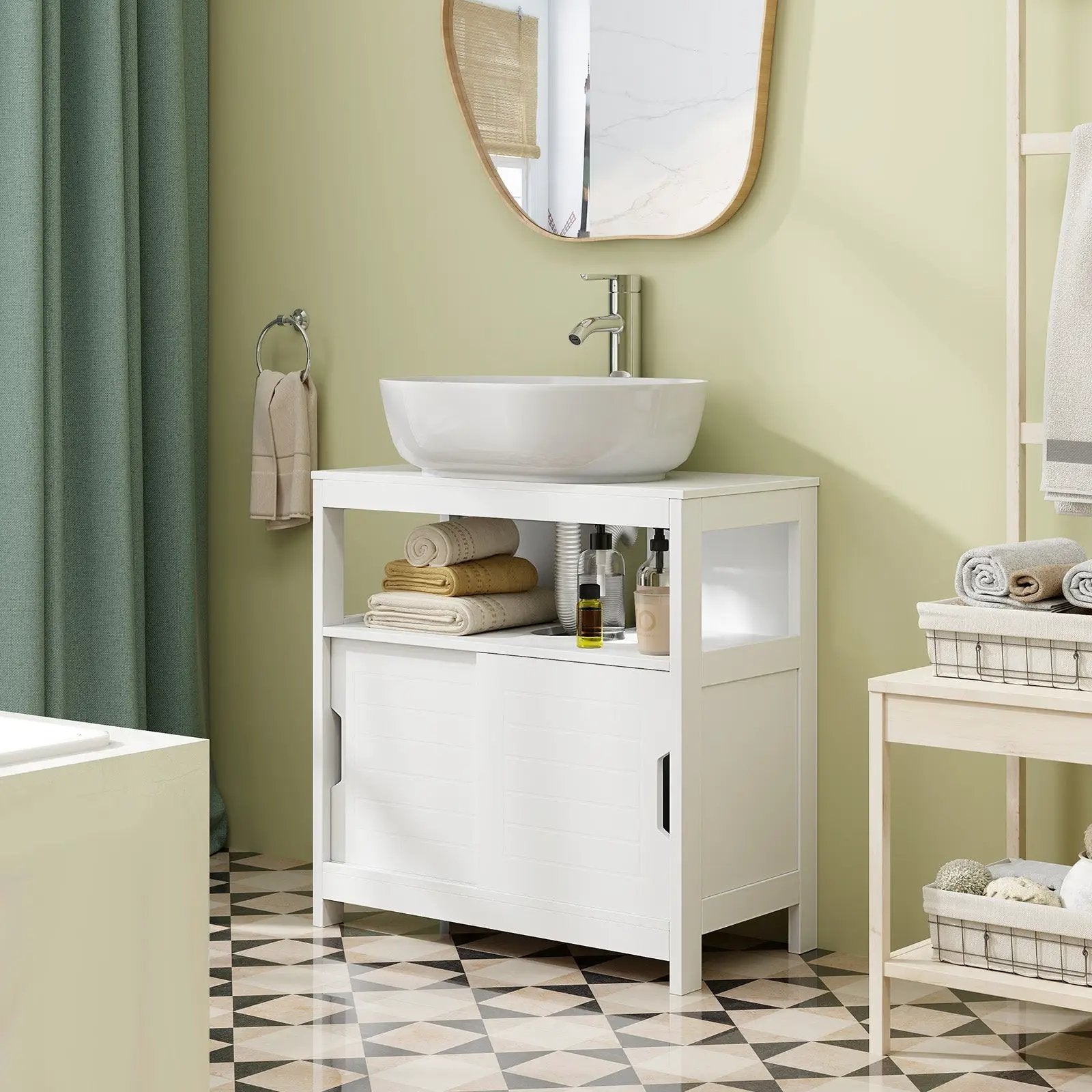 Pedestal Sink Storage Cabinet with 2 Sliding Doors and U-shaped Cut-out-White by DirectDeals