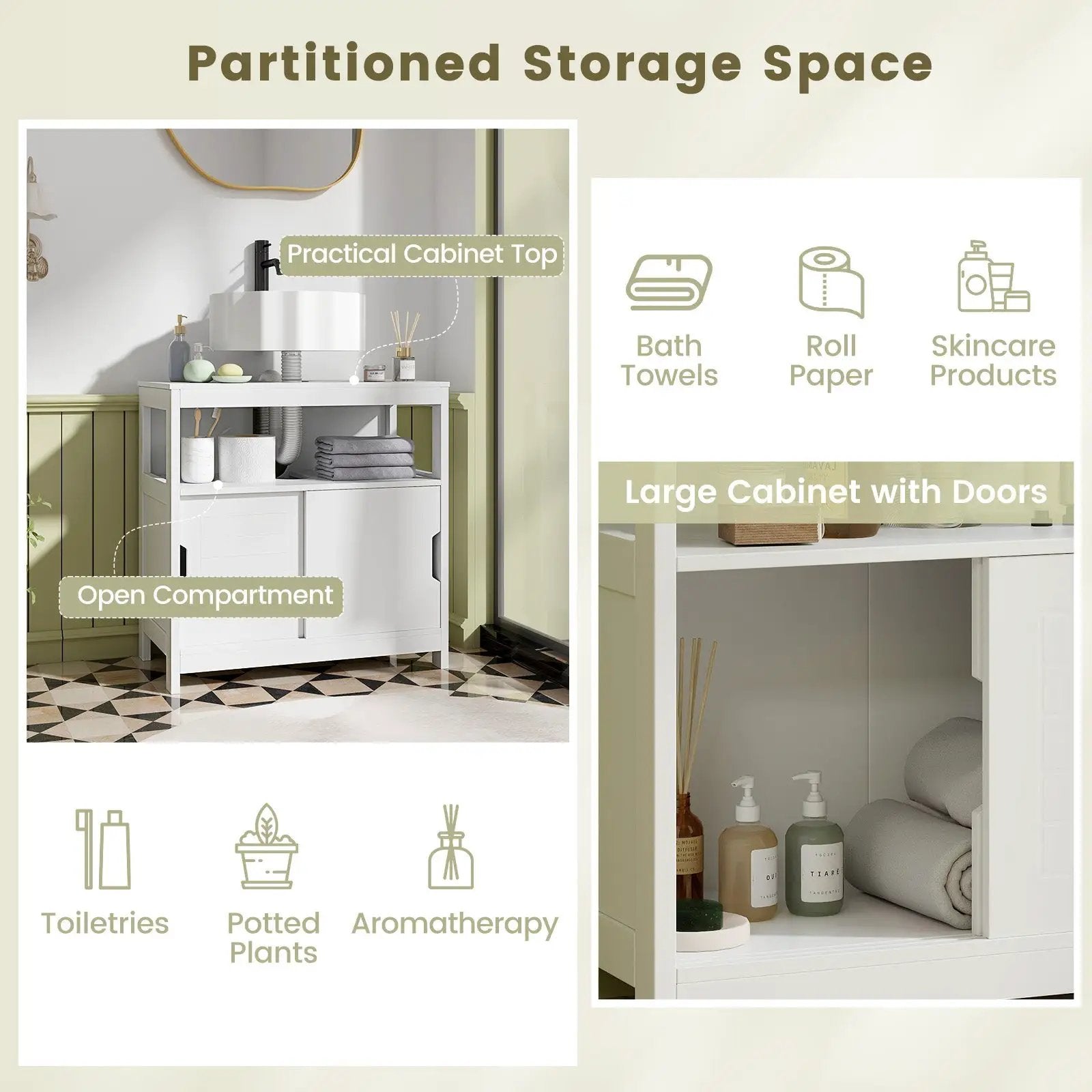 Pedestal Sink Storage Cabinet with 2 Sliding Doors and U-shaped Cut-out-White by DirectDeals