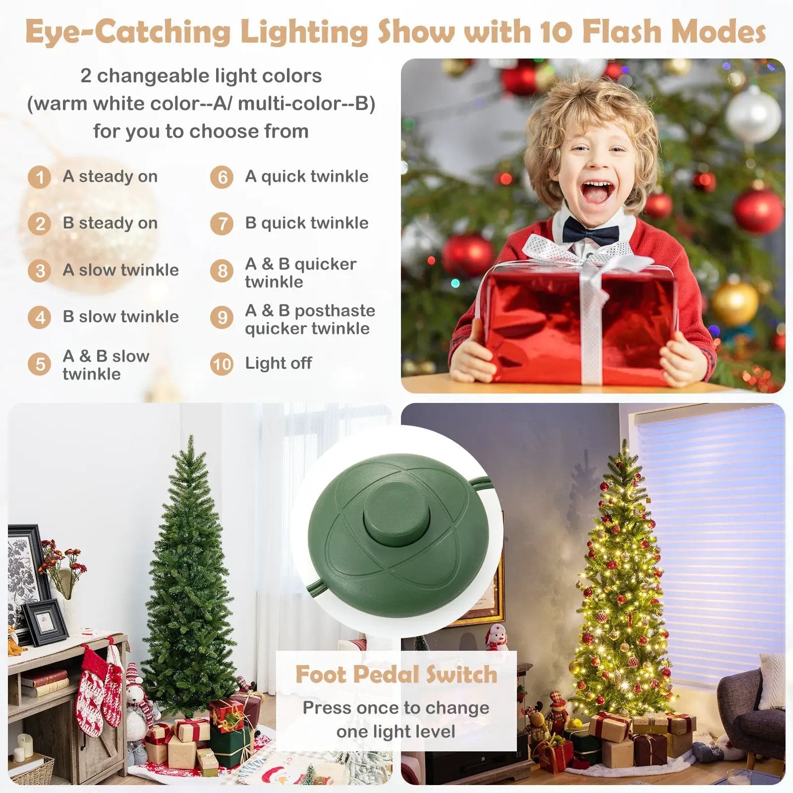 Pencil Christmas Tree with 180 Warm White and Multi-color LED Lights by DirectDeals