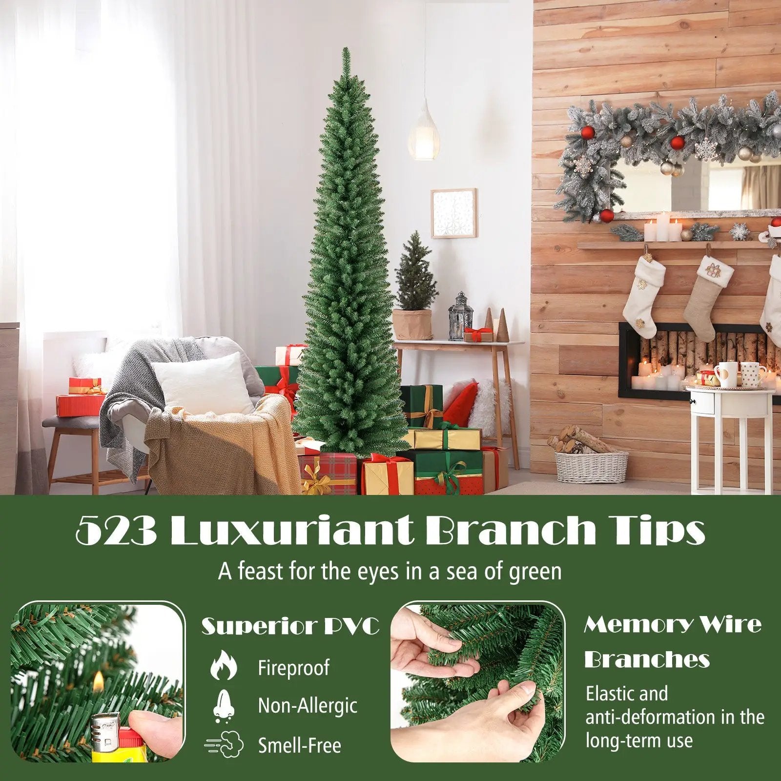 Pencil Christmas Tree with Memory Wire Branch Tips and Warm LED Lights by DirectDeals