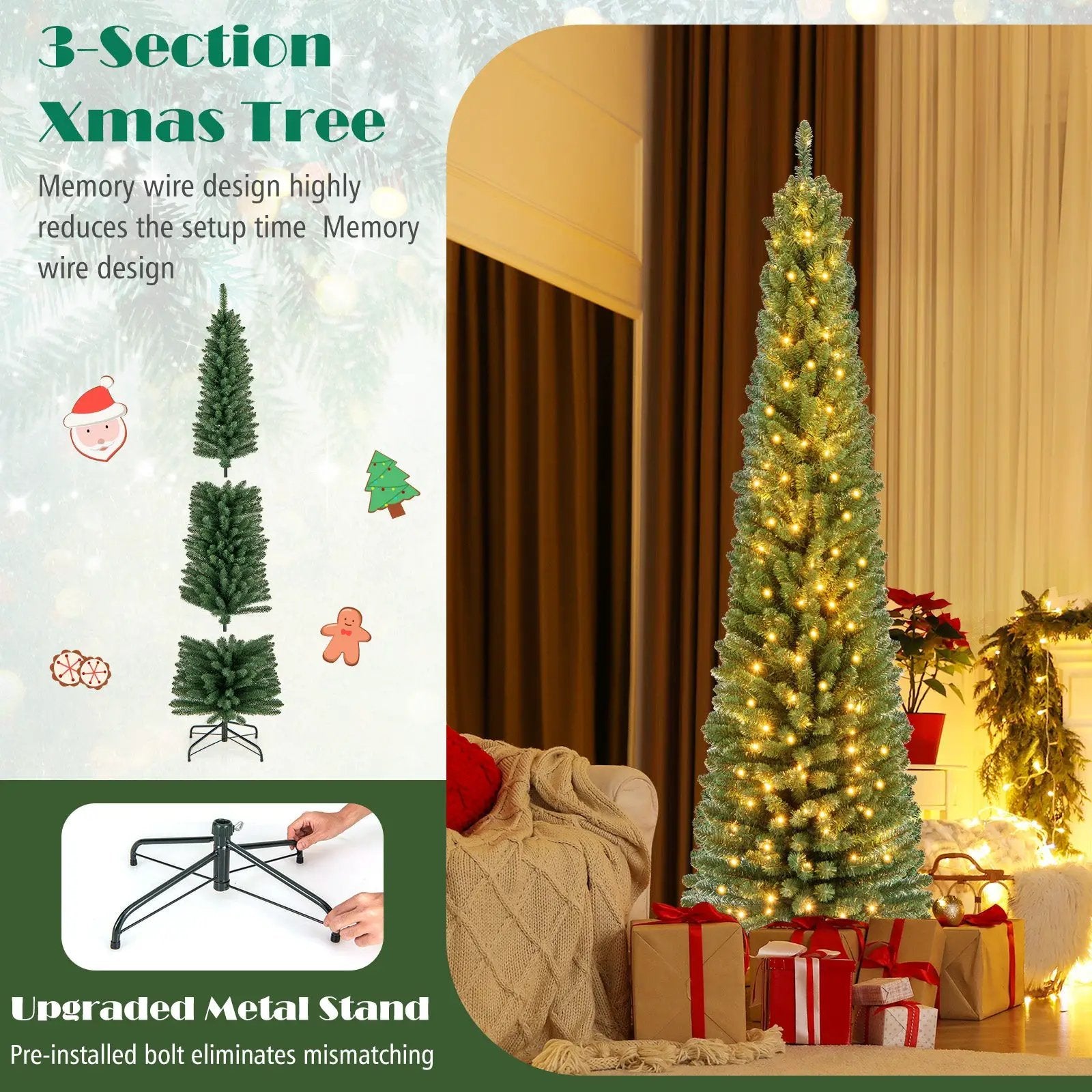 Pencil Christmas Tree with Memory Wire Branch Tips and Warm LED Lights by DirectDeals