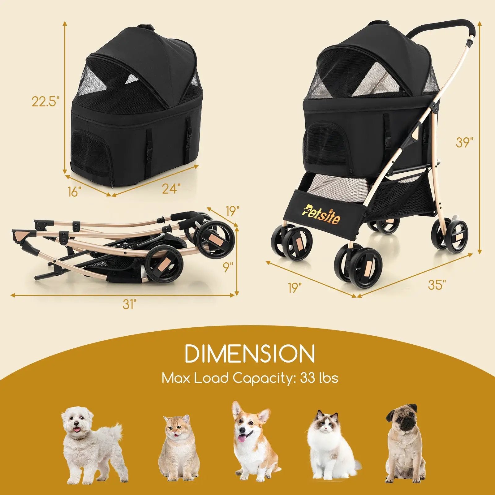3-In-1 Pet Stroller with Removable Car Seat Carrier-Black by DirectDeals