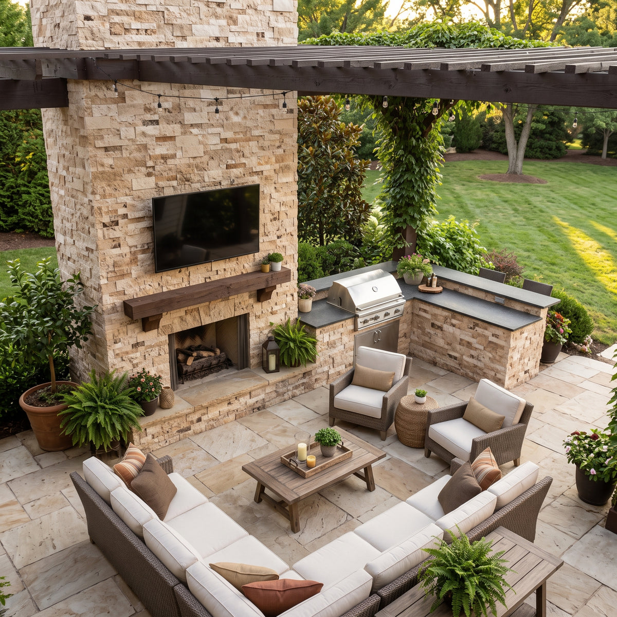Outdoor patio scene with a stone fireplace and grill house, covered pergola, built-in bar counter, two armchairs, a U-shaped sectional sofa, and a coffee table on a landscaped lawn.