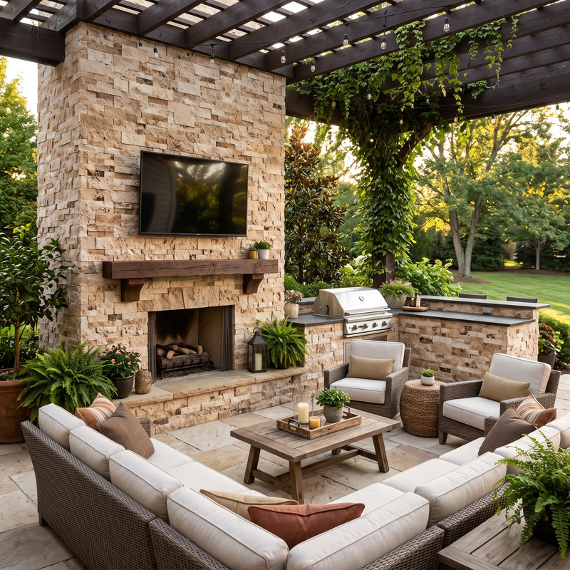 Outdoor patio scene with a large wicker sectional sofa, stone fireplace, built-in grill, coffee table, and a dark wooden pergola with climbing greenery in a landscaped backyard.