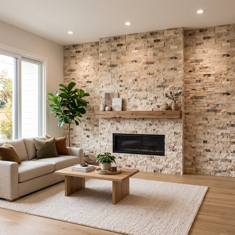 A modern living room featuring a large stone fireplace wall with a wooden mantel, a beige sofa, a low wooden coffee table, and a textured cream rug on a light wood floor.