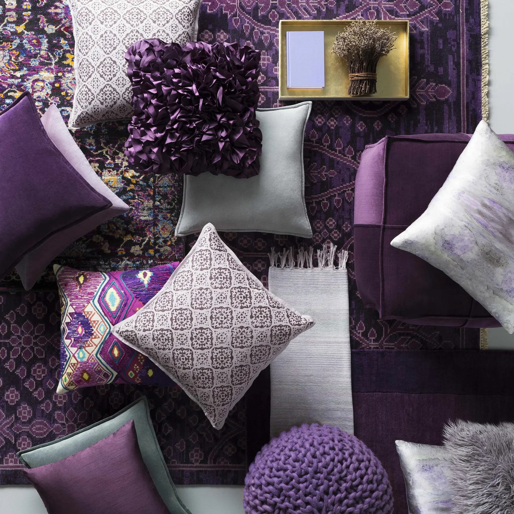 Bordered Solid Plum Purple Wool Rug by Boutique Rugs